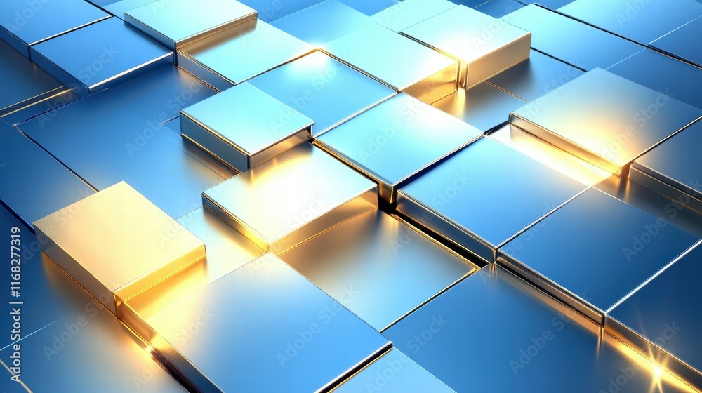 Aufkleber A close-up of shiny metallic cubes arranged in a dynamic pattern with reflections.