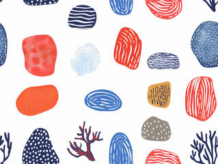Abstract Illustration Seamless Pattern: Red, Blue, and White Organic Shapes