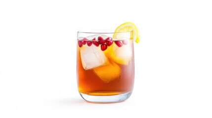 A refreshing drink with ice, pomegranate, and lemon garnish.