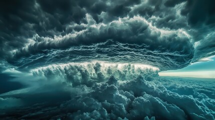 Dramatic dark storm clouds with patches of sunlight breaking through, creating a moody effect