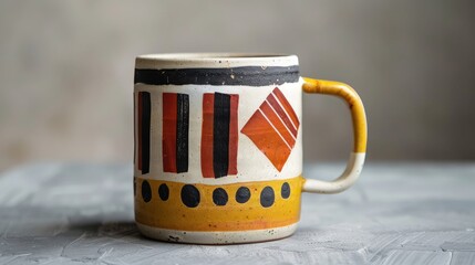 A mug with a bold, geometric pattern and a sturdy, ceramic construction