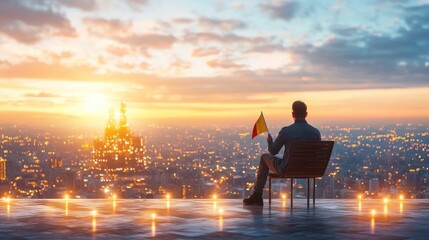 Fototapeta premium A joyful offshore worker waving a safety flag against a vibrant sunset cityscape celebrating security in dynamic work environments