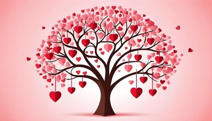 Fototapeta premium Happy Saint Valentine's Day is represented by a Valentine tree adorned with paper leaves shaped like hearts and suspended hearts.