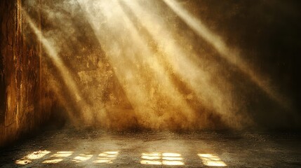Golden glowing light rays shining through a dusty, foggy room creating an ethereal effect