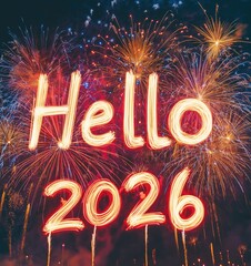 "Hello 2026" Formed with Colorful Fireworks and Neon Lights in a Dark Background, Celebrating the Arrival of the New Year with a Festive and Vibrant Atmosphere.