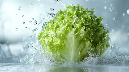Fresh green lettuce splashing in water.