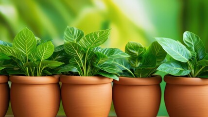 Fototapeta premium Clay pots with green plants in a serene setting. Indoor plant for house decoration.