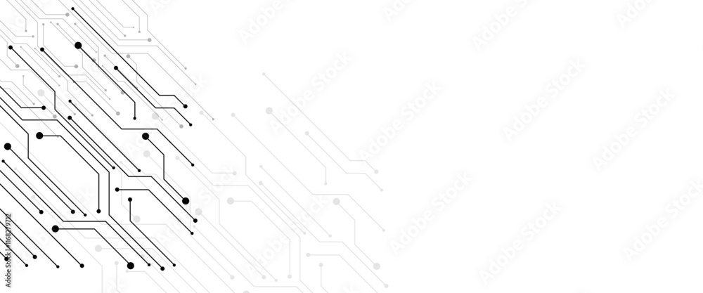 Poster Vector Technology connected white lines and dots with electronics elements on tech bg. Digital technology futuristic internet network speed connection white background. 