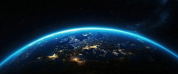 Fototapeta premium Earth at Night: Glowing City Lights in North and South America, Space View, Urban Illumination, Global Perspective, Continental Landscapes, Astronomical Visualization