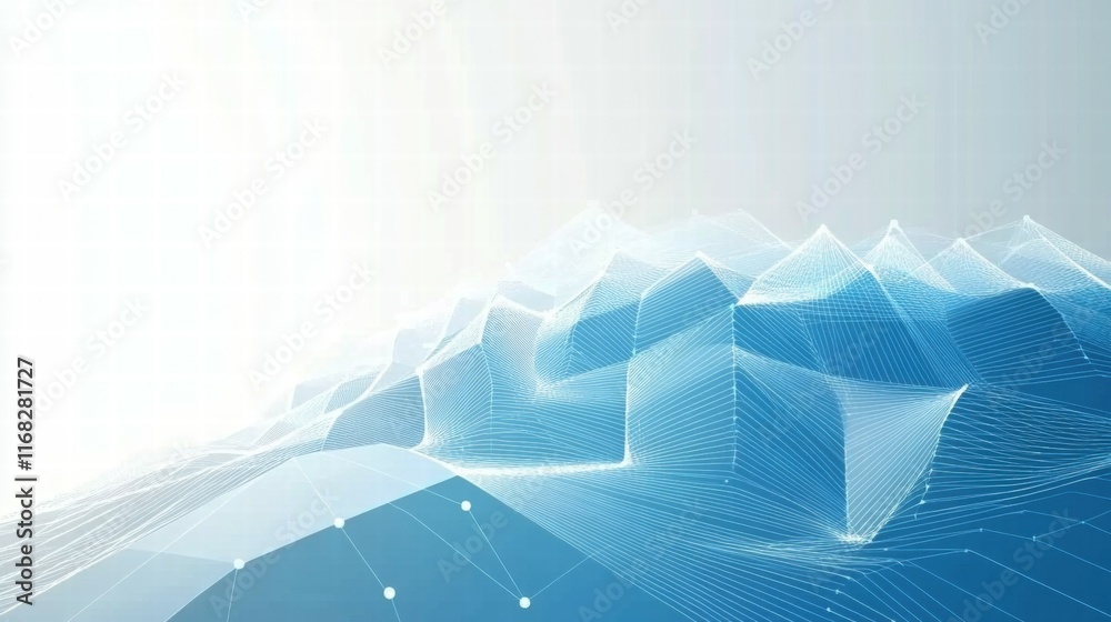 Poster abstract digital landscape with geometric shapes and lines in blue tones.