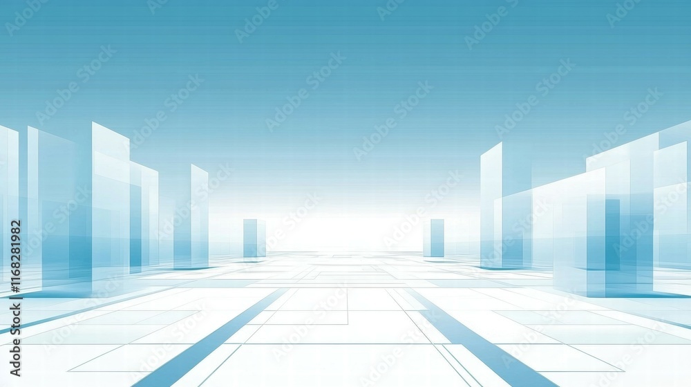 Poster Abstract digital landscape with translucent structures and a light gradient background.