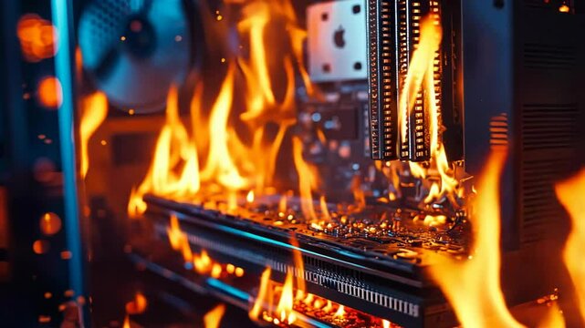 a computer that is engulfed in flames. Tongues of fire can be seen inside the computer case, which cover various components such as the motherboard and fans.