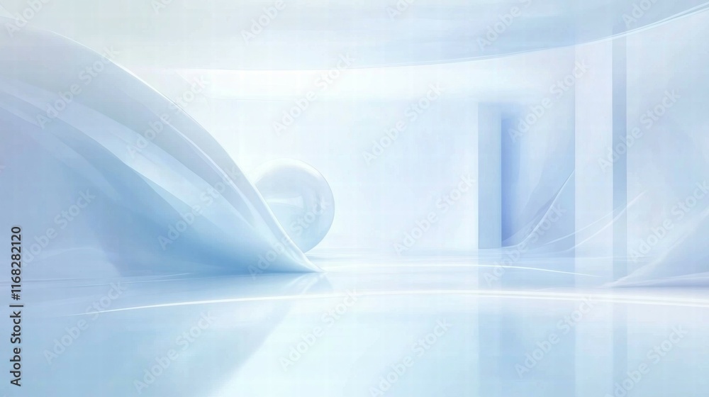 Poster a serene, abstract space with soft curves and light reflections.