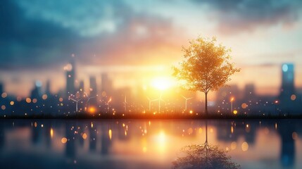 Fototapeta premium Renewable energy integration event in a smart city urban landscape nature and technology fusion dawn viewpoint sustainability concept