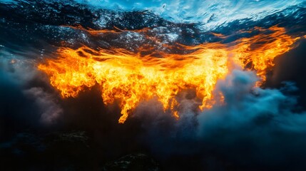 A stunning visual of flames flickering beneath the water's surface, creating a surreal contrast of fire and ocean.