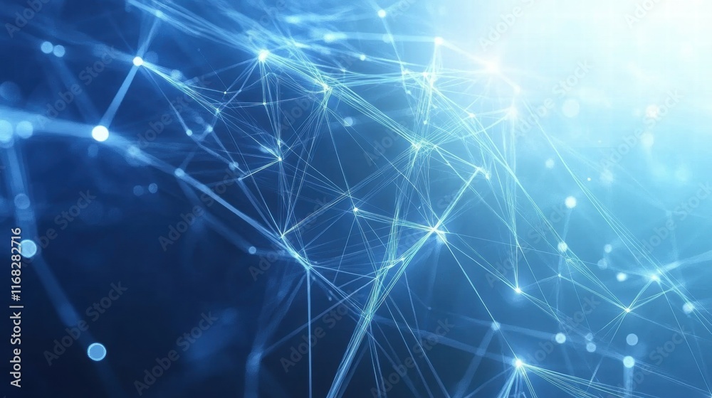 Poster A digital network of interconnected nodes and lines, representing technology and data flow.