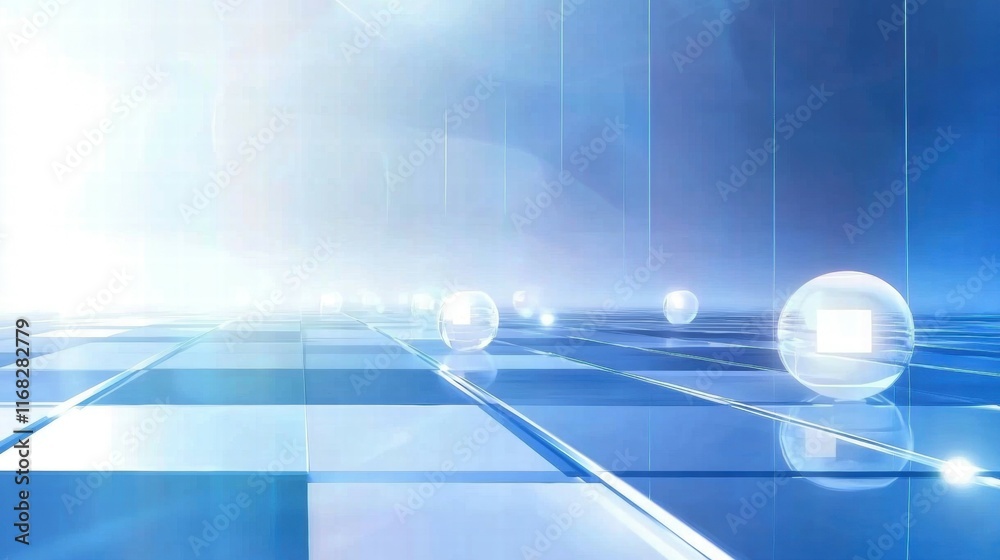 Poster a futuristic digital landscape with glowing spheres on a grid.