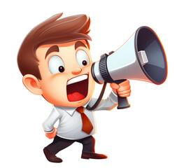 Cartoon illustration of a businessman confidently makes announcements through a megaphone, exuding authority and professionalism while immersed in her work environment.