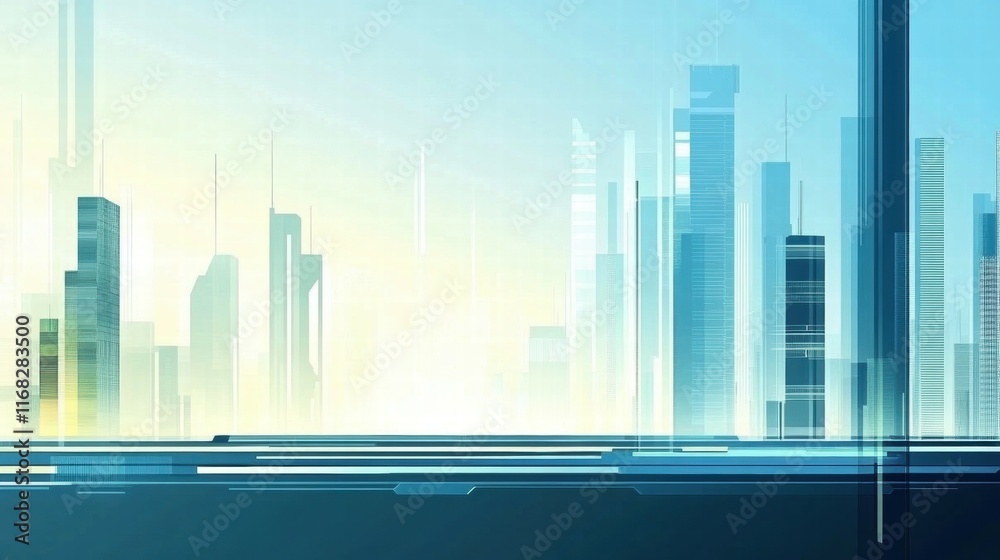 Poster abstract cityscape with futuristic buildings and a gradient background.