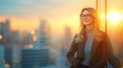 Businesswoman exuding confidence at sunset in a modern urban setting professional portrait inspiring mood captivating cityscape stylish perspective