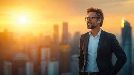 Inspiring sunrise business outlook a successful asian leader on rooftop urban cityscape professional portrait sunset ambiance empowering vision