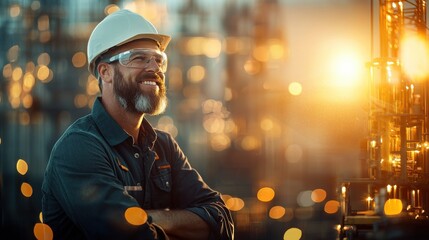 Team leader in a white hard hat smiling at sunset at industrial site inspiring workforce business environment positive vibes motivational leadership