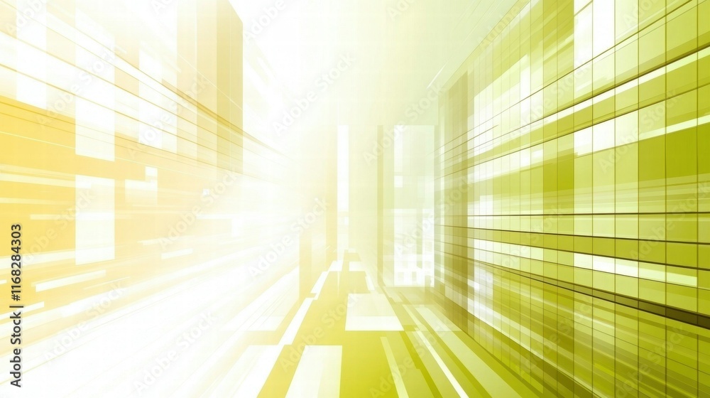 Poster abstract design featuring bright yellow and green hues with geometric shapes and light effects.