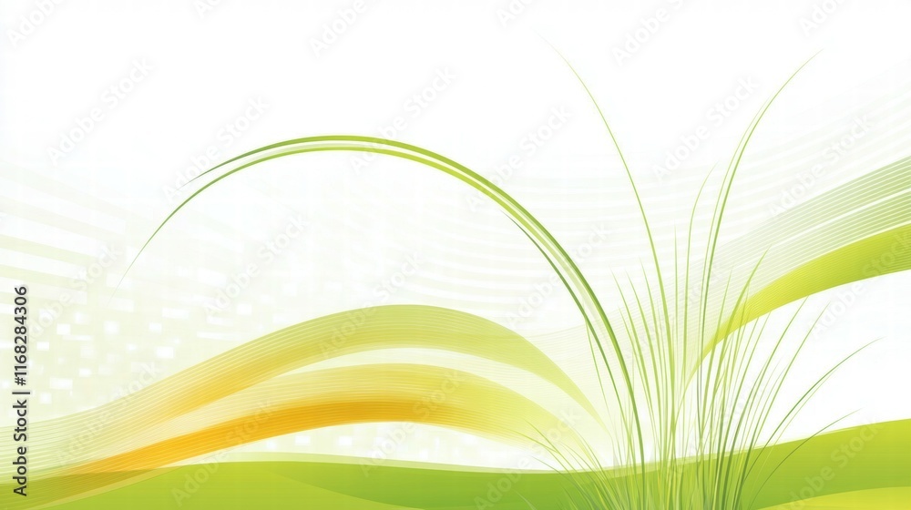 Poster abstract design featuring flowing lines and grass elements in green and yellow hues.