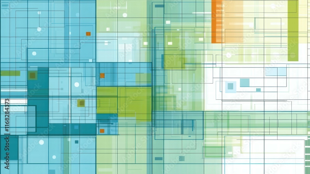 Poster abstract geometric design with layered colors and lines, conveying a modern digital aesthetic.