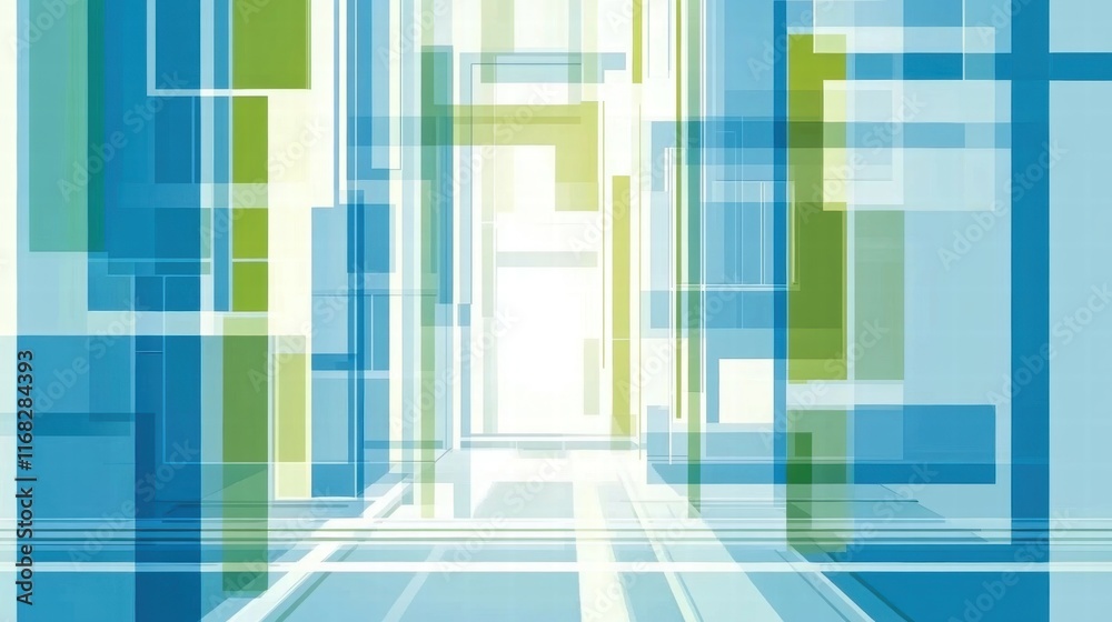 Poster abstract geometric design with layered shapes in blue and green tones, suggesting depth.
