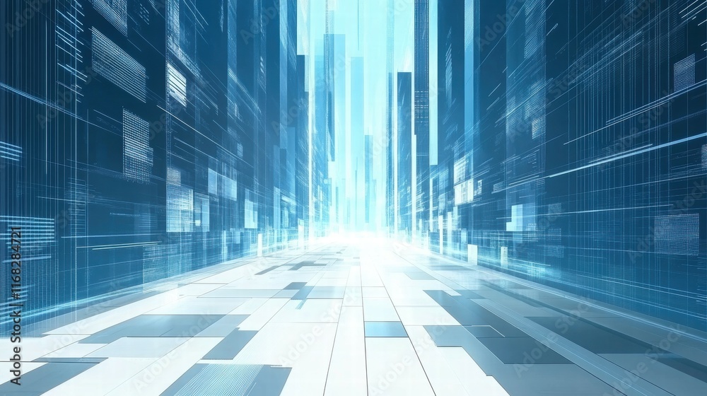 Poster A futuristic digital landscape with vertical lines and glowing elements suggesting speed and technology.