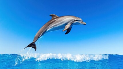 A dolphin leaps joyfully above ocean waves under a clear blue sky.