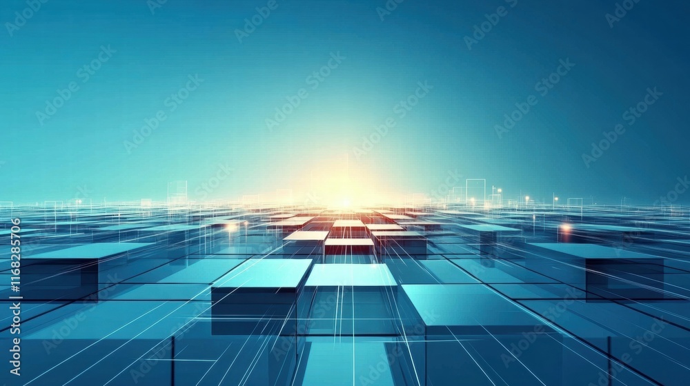 Poster futuristic digital landscape with glowing horizon and grid-like pattern.