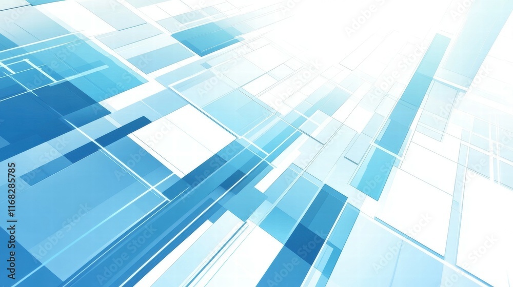 Poster abstract blue geometric design with layered shapes and lines for backgrounds or digital art.