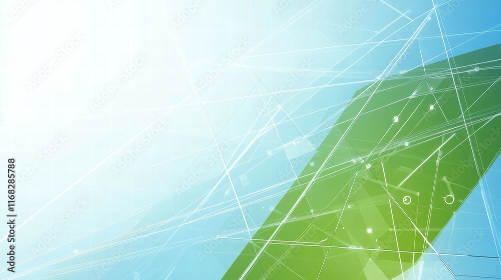 Poster abstract geometric design with light blue and green tones, featuring lines and shapes.