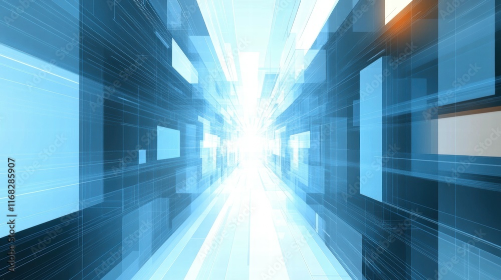 Poster a futuristic, abstract tunnel of light and shapes, conveying a sense of speed and technology.