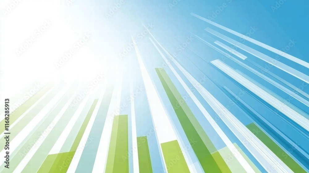 Poster abstract graphic with upward lines and shapes against a blue background, suggesting growth.
