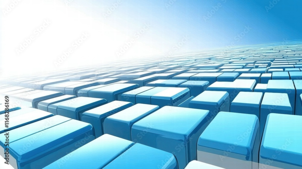 Poster Abstract blue geometric blocks creating a digital landscape effect.