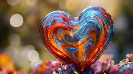 Vibrant glass heart in swirling red blue orange patterns symbolizing love passion energy and creativity artistic chaos with open caption space on the side perfect for bold statements

