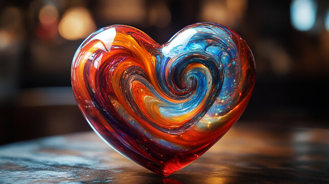 Vibrant glass heart in swirling red blue orange patterns symbolizing love passion energy and creativity artistic chaos with open caption space on the side perfect for bold statements

