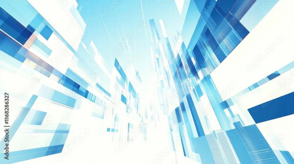 Poster Abstract blue and white geometric shapes creating a sense of depth and motion.