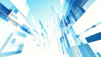 Abstract blue and white geometric shapes creating a sense of depth and motion.