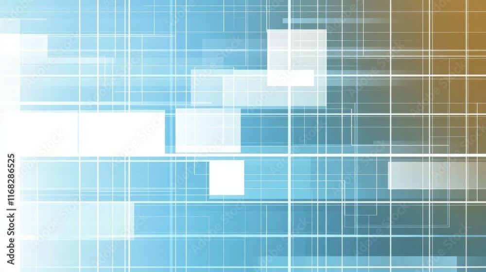 Poster abstract geometric design with blue and white grids, suggesting technology and digital concepts.