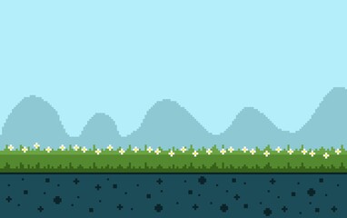Pixel art of green park with white flower, grass, soil, mountain, sky, blue background and copy space can be filled with text . can be used as a background, card, wallpaper, or game asset.	