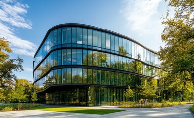 Fototapeta premium Modern glass office building with curved facade, surrounded by green landscaping under a bright blue sky.