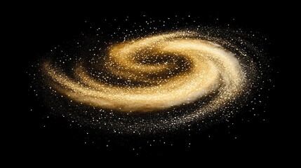 Fototapeta premium Abstract gold and silver glittering particles forming a radiant swirl on a dark background. Festive and luxurious.