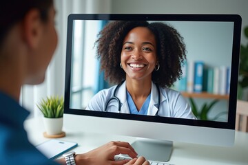 Smiling Female Doctor on Computer Screen During Virtual Consultation, Ideal for Healthcare Marketing and Telemedicine Promotions