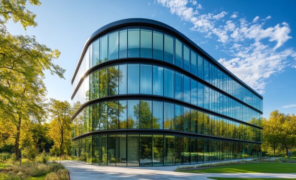 Modern glass office building with curved facade, surrounded by green trees and landscaping under a bright sky.