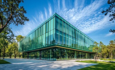 Obraz premium Modern glass office building in park.