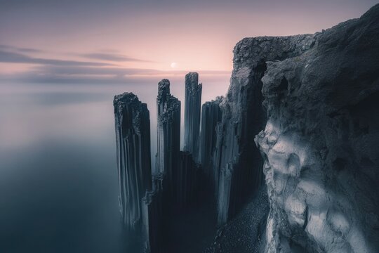 Mysterious basalt columns rise from the misty ocean under a soft, pale sunset. - Powered by Adobe